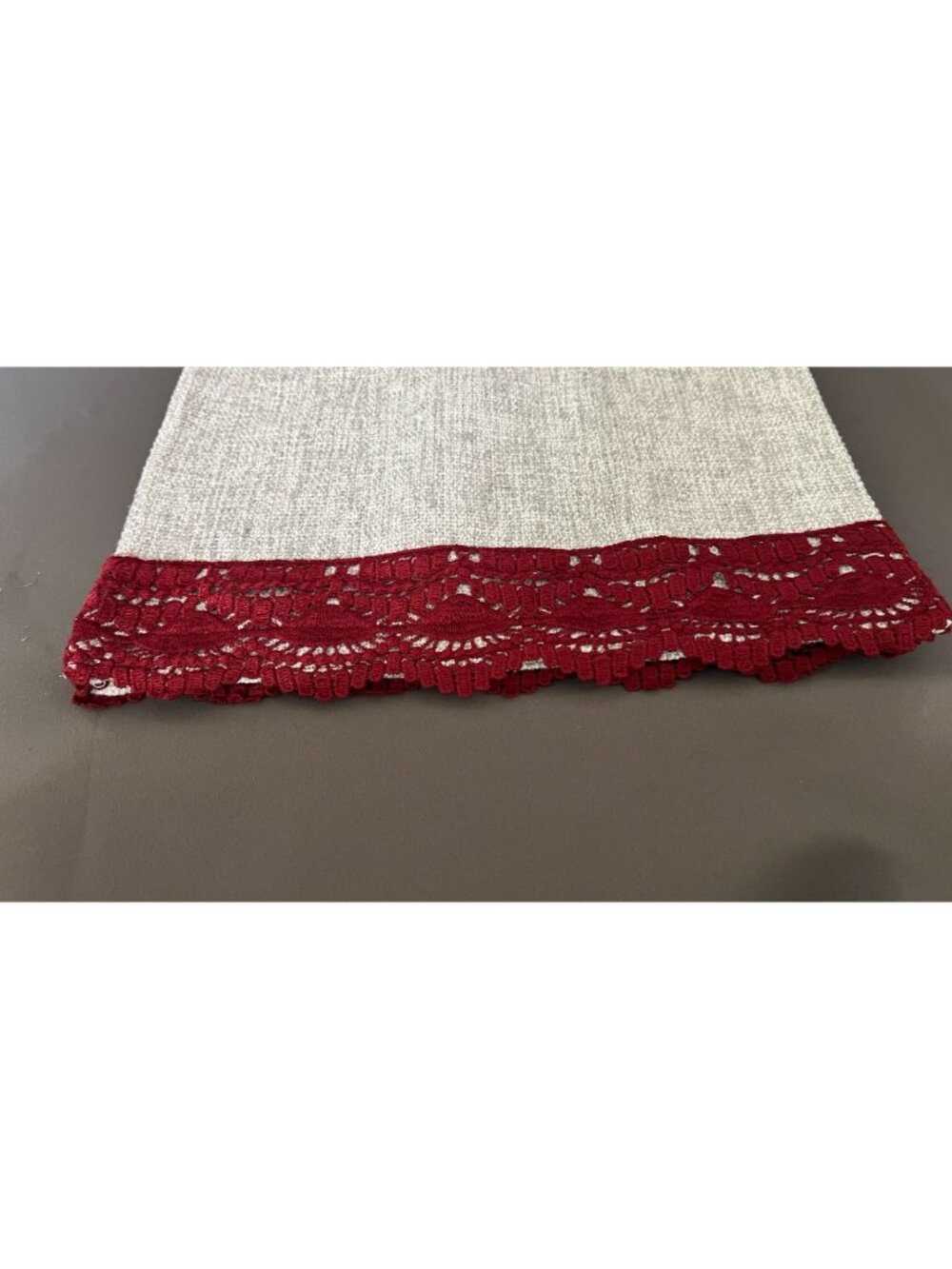 Elegant Gray Cotton Table Runner With Burgundy Lace Edge - Picture 2 of 2